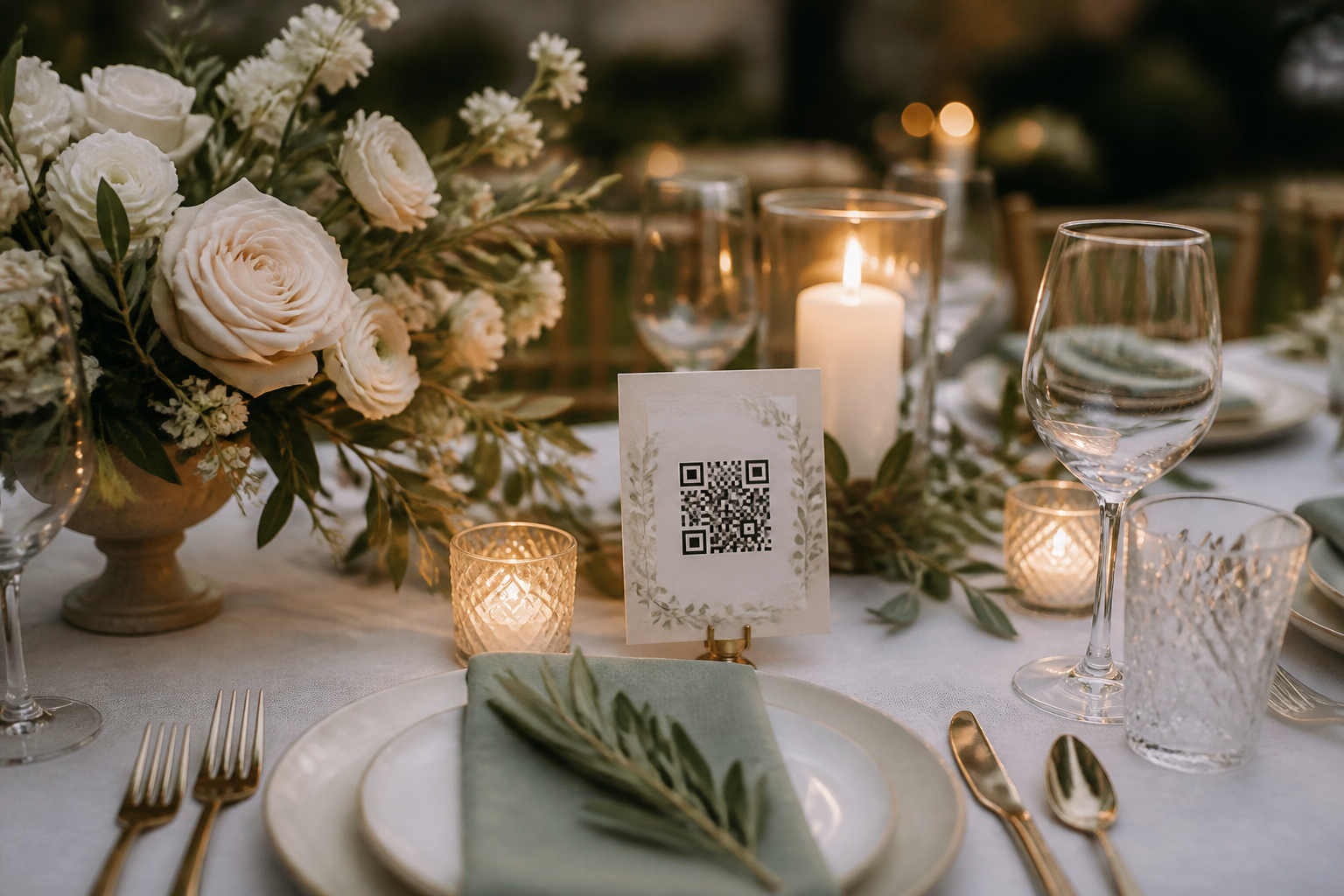 Reception table with wedding stationery and QR card